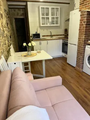 a living room with a couch and a table in a kitchen at Apartamento Rural Piedra in Jérica