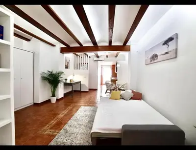 a living room with a large bed in a room at Apartamento con Terraza cerca de la Estación del Nord in Valencia