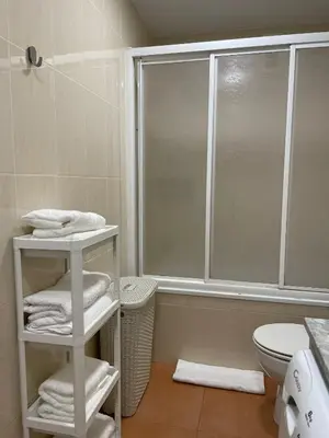 a bathroom with a shower and a toilet and towels at APARTAMENTO PLANTA BAJA CANET DE BERENGUER in Canet de Berenguer