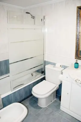 a white bathroom with a toilet and a shower at Valencia las Artes y Ciencias + Garaje + Netflix in Valencia