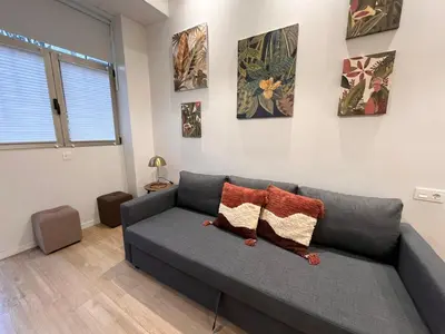 a grey couch in a living room with paintings at Mestalla Garden in Valencia