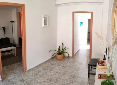 a living room with a potted plant and a hallway at Casa Lola - Con 2 terrazas, ideal para desconectar in Requena