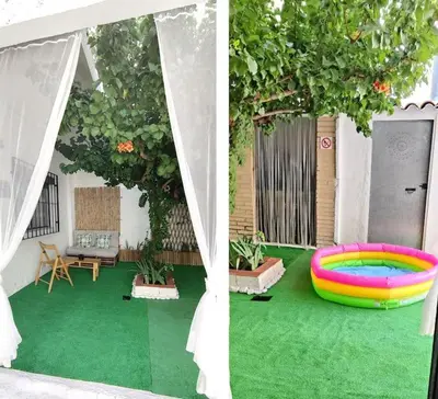 two pictures of a garden with a pool and a tent at Casa Lola - Con 2 terrazas, ideal para desconectar in Requena