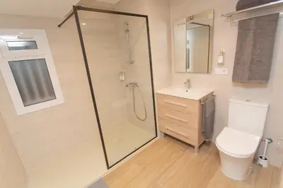 a bathroom with a shower and a toilet and a sink at BatFlats - RUZAFA in Valencia