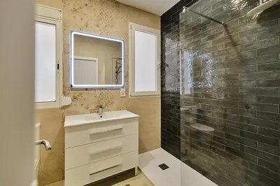 a bathroom with a sink and a glass shower at Arenas flat in Valencia