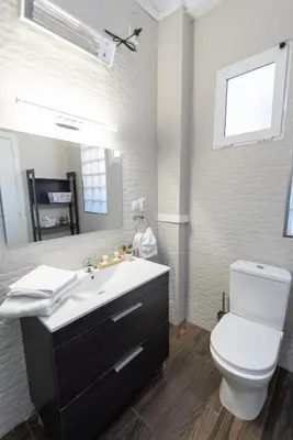 a bathroom with a toilet and a sink and a mirror at Nice lodging near the Plaza de Toros in Valencia