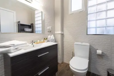 a bathroom with a toilet and a sink and a mirror at Nice lodging near the Plaza de Toros in Valencia