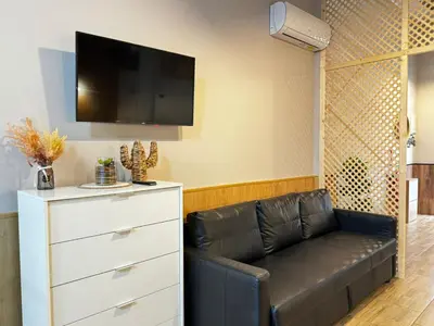 a living room with a black leather couch and a tv at Lliri 7 in Valencia