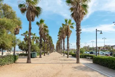 a row of palm trees on a sidewalk at MalvaLindaBeach Loft Benlliure Malvarrosa/Patacona in Valencia