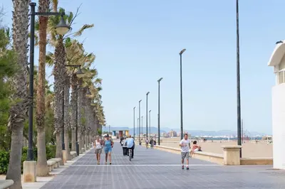 a group of people walking down a sidewalk next to the beach at Malvarrosa Las Arenas Access in Valencia