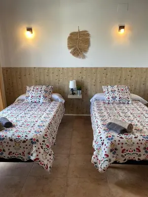 two beds sitting next to each other in a room at Hostal Espai Mediterrani in Puebla de Vallbona