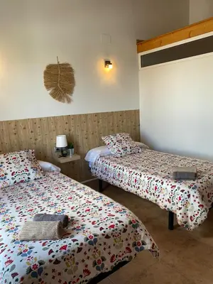 a bedroom with two beds with a cat laying on them at Hostal Espai Mediterrani in Puebla de Vallbona