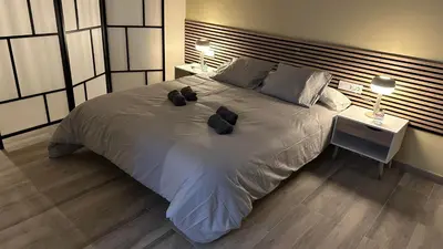 a bedroom with a large bed with two pillows at Loft para 6 pax, 15 min de Ciencias y Artes y AC in Valencia