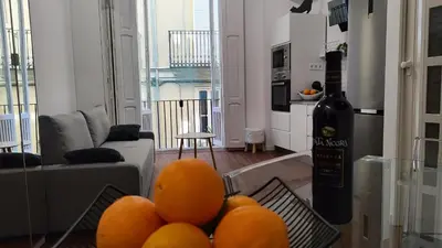 a living room with a bottle of wine and oranges on a table at Reina in Valencia