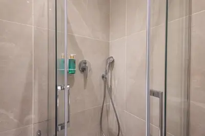 a shower with a shower head and a glass door at FLORIT FLATS - The Patraix Apartments in Valencia