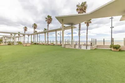 an expansive patio with palm trees and a lawn at Patacona Mediterranean Beach in Valencia