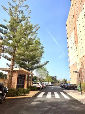 a parking lot with a pine tree and a building at Apartamento en la Playa Canet, muy cerca de Valencia in Canet de Berenguer