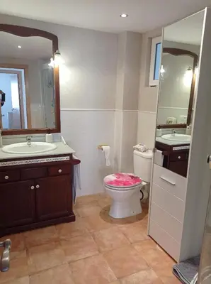a bathroom with a toilet and a sink and a mirror at El Descans Solo Familias Serviplaya in Casas Las Basas