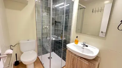 a bathroom with a shower and a toilet and a sink at La Casica de los Abuelos By El Conserje in Pedralba