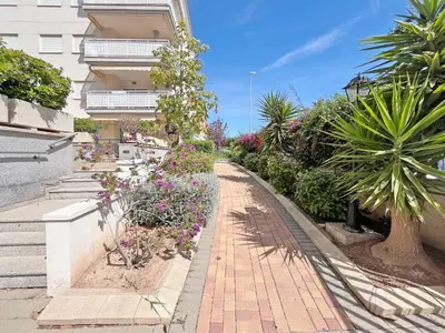 a brick walkway with flowers and plants in front of a building at Global Vacacional, Planta Baja con Piscina en Canet de Berenguer in Canet de Berenguer