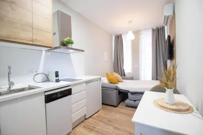a kitchen with a sink and a living room at Suite Parque del Turia by Concept Flats in Valencia