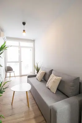 a living room with a gray couch and a table at Suite Parque del Turia by Concept Flats in Valencia
