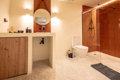 a bathroom with a shower and a toilet and a sink at Suite de lujo estilo mediterráneo in Valencia