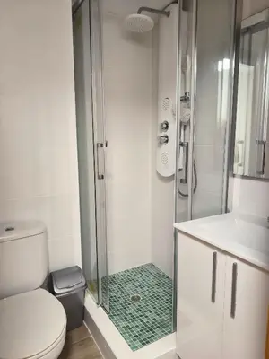 a white bathroom with a shower and a toilet at Valencia in Valencia