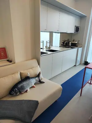 a fish pillow on a couch in a kitchen at CariSan2 - fully equipped, 6 min to beach in Valencia