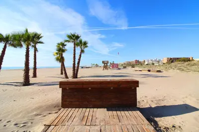 a wooden bench on a beach with palm trees at Global Vacacional, Apartamento con piscina y terraza en la playa de Canet in Canet de Berenguer