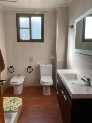 a bathroom with a toilet and a sink and a mirror at 1era linea de playa VILLA SALES Cullera Marenyet in Cullera