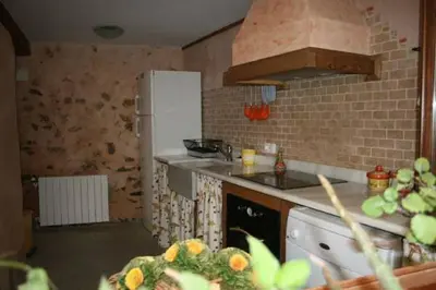 a kitchen with a white refrigerator and a stove at La Casita de Las Estrellas in Algimia de Almonacid