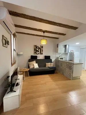 a living room with a couch and a kitchen at Apartamento centro histórico in Valencia