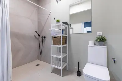 a bathroom with a shower with a toilet and a shelf at Apartamento Ruzafa 1 habitacion y 2 sofas cama in Valencia
