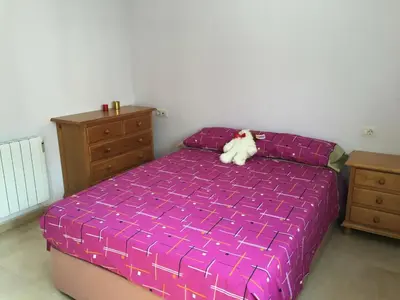 a cat sitting on a purple bed in a bedroom at BRISA de MAR in Moncófar