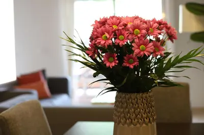 a vase filled with pink flowers on a table at Maravilloso adosado para 8 en entorno privilegiado by Hometels in Canet de Berenguer