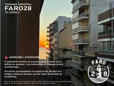 a flyer for a building with a sunset in the background at Faro28 in Valencia