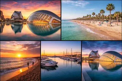 a collage of photos of a beach and a building at Avakian Valencia Centro in Valencia