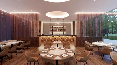 a restaurant with tables and chairs and a large window at SH Campus Lyceum in Moncada