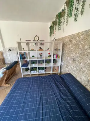 a bedroom with a blue bed and book shelves at Garage House in Calles