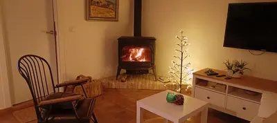 a living room with a wood stove in a living room at Ca la Yaya in Lliria