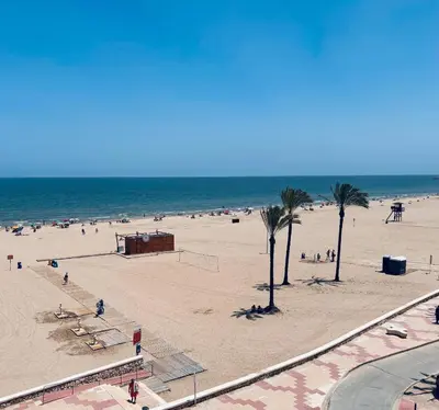 a beach with people and palm trees and the ocean at Apartamento primera línea playa San Antonio in Cullera