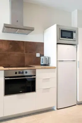 a kitchen with a stove and a microwave at Ruzafa´s Gate 3 in Valencia