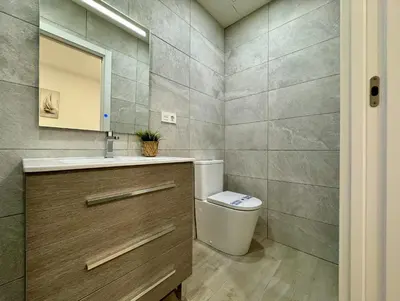 a bathroom with a toilet and a sink and a mirror at Cabanyal Apto luminoso y playa in Valencia