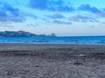 a beach with the ocean and buildings in the distance at Casa Abanico in Cullera in Cullera