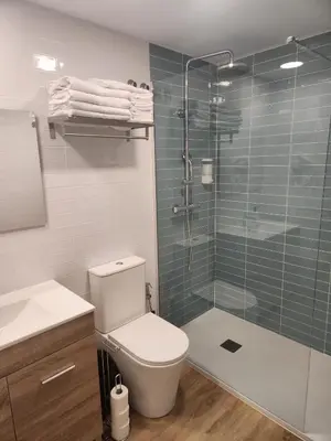 a bathroom with a toilet and a glass shower at Dormavalencia Crónica in Valencia