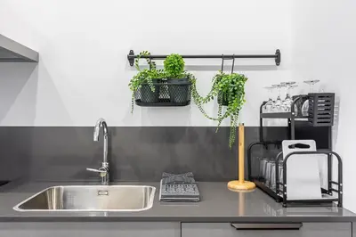 a kitchen counter with a sink and some plants at New Apartment 1 ROOM,4 pax,wifi, ACRuzafa market in Valencia