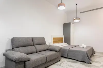 a living room with a couch and a bed at New Loft Ruzafa market, wifi AC in Valencia