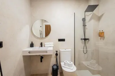 a bathroom with a toilet and a sink and a mirror at The Blasco Ibañez Apartments in Valencia