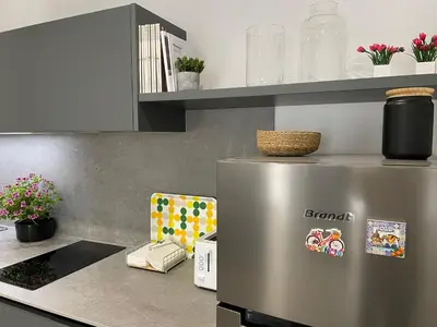 a kitchen with a stainless steel refrigerator in a kitchen at Junto al Jardín del Turia Apartamento in Valencia